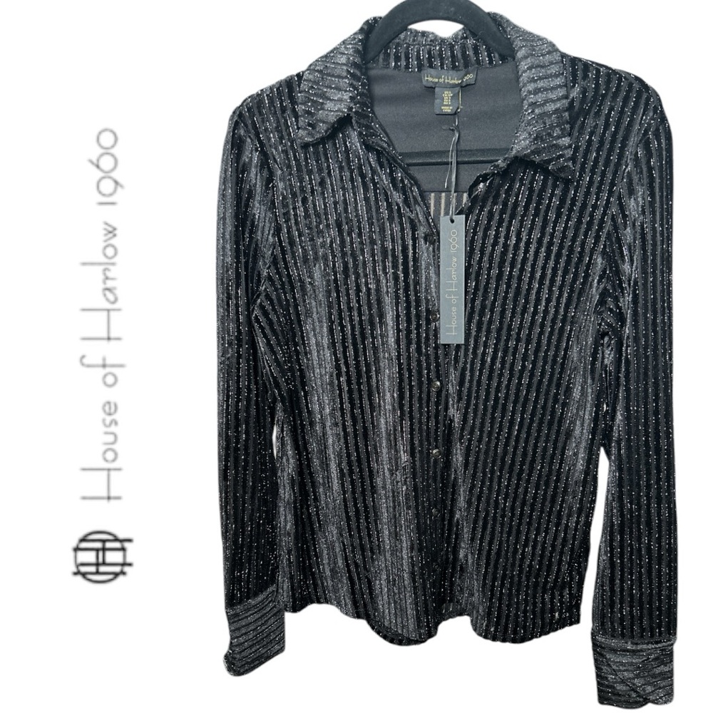 House of Harlow 1960‎ Women’s Black and Metallic Button Down Shirt - Size S